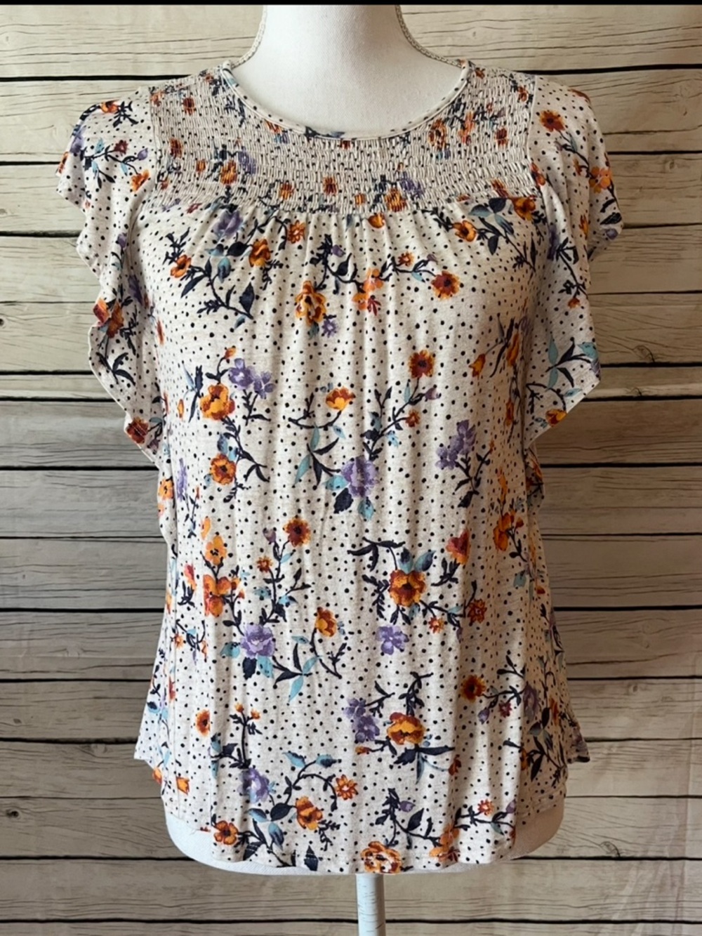Rewind Cream Floral Smocked Flutter Sleeve Blouse with Orange & Purple Flowers